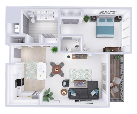 Floor plan for 1 bed, 1 bath, 884 sqft